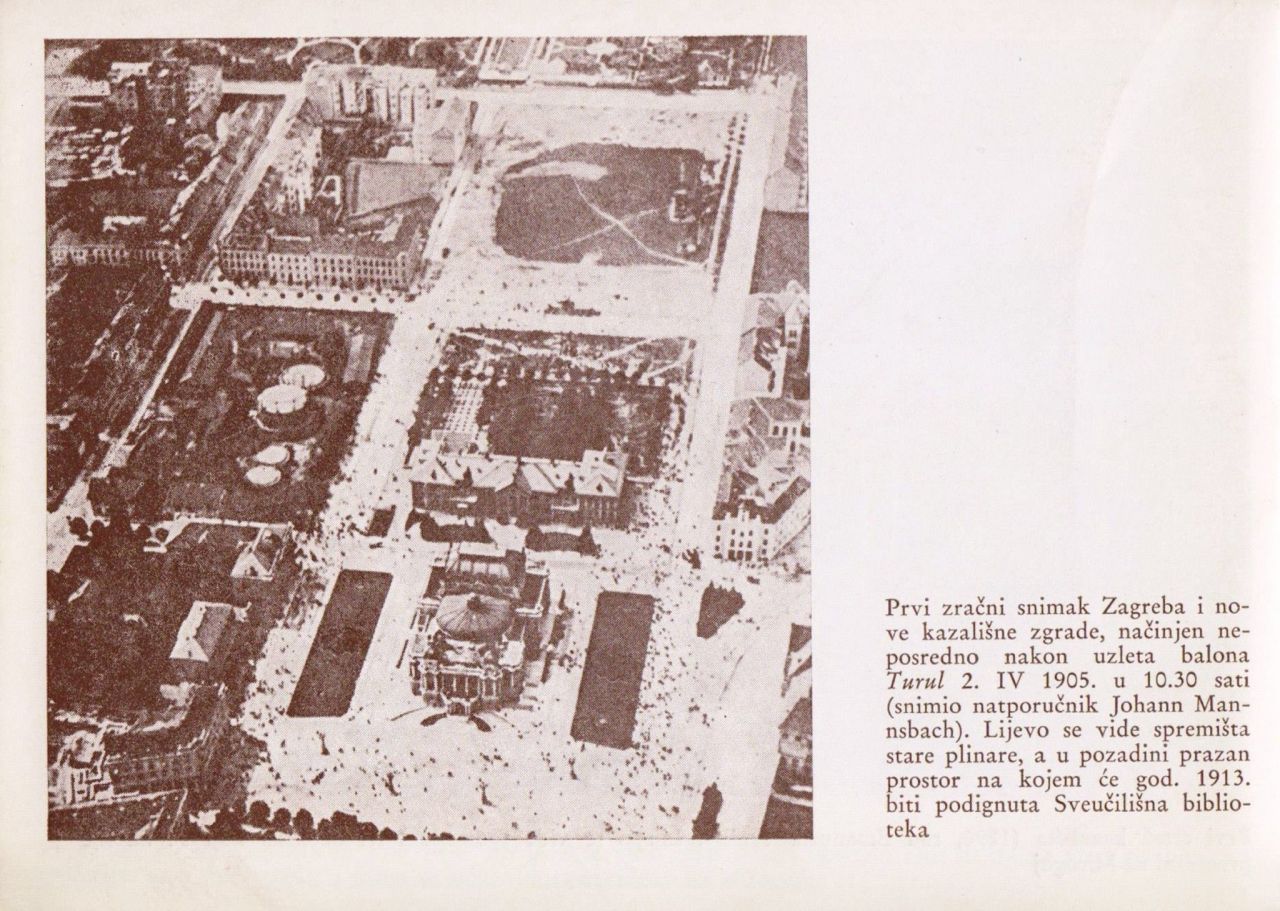 Zračni snimak Zagreba i kazališne zgrade načinjen neposredno nakon uzleta balona 'Turul' 2. travnja 1905. godine